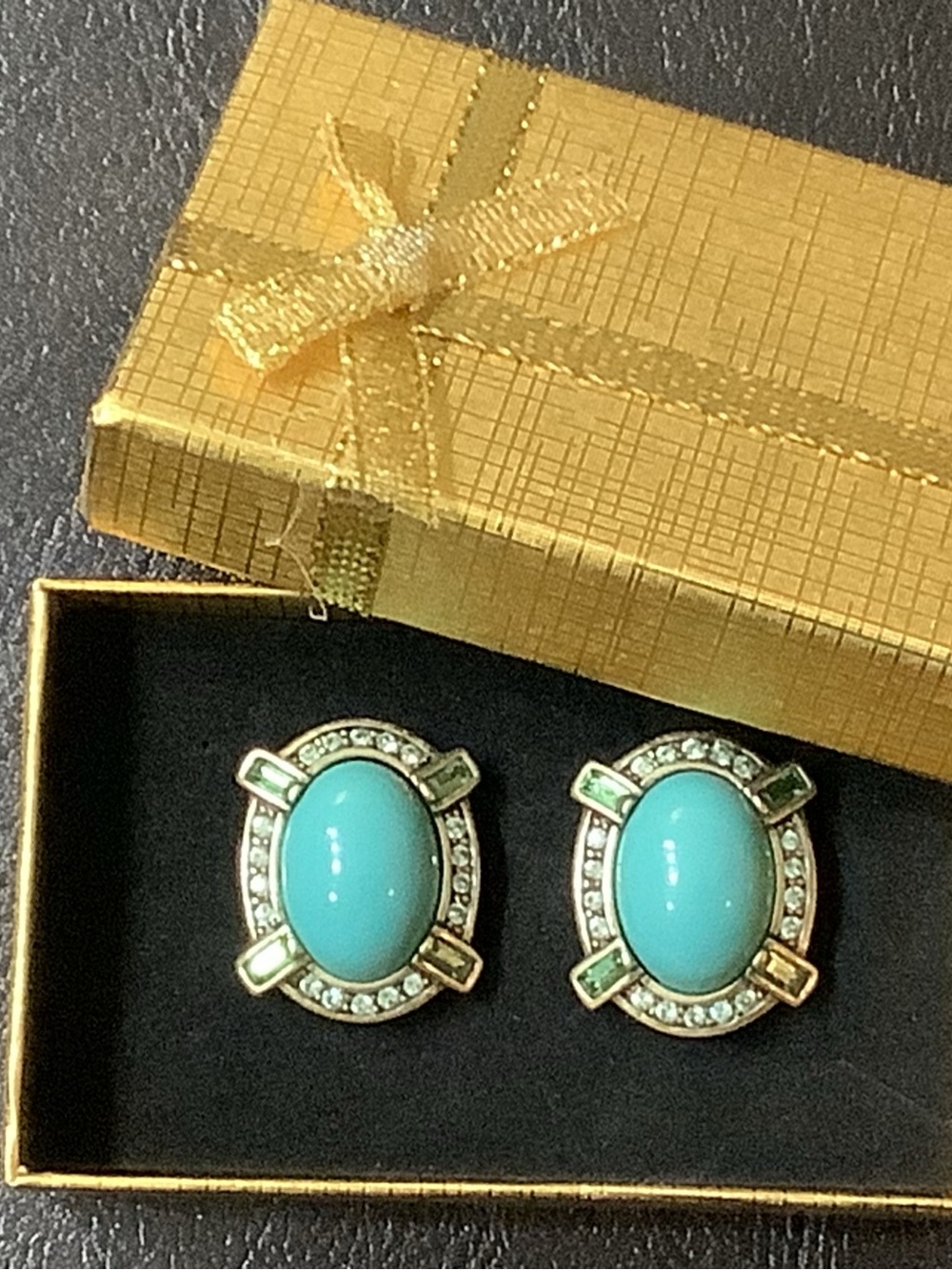 Heidi Daus Turquoise & Gold Oval  Earrings With Swarovski Crystals.  NWOT - Picture 4 of 6